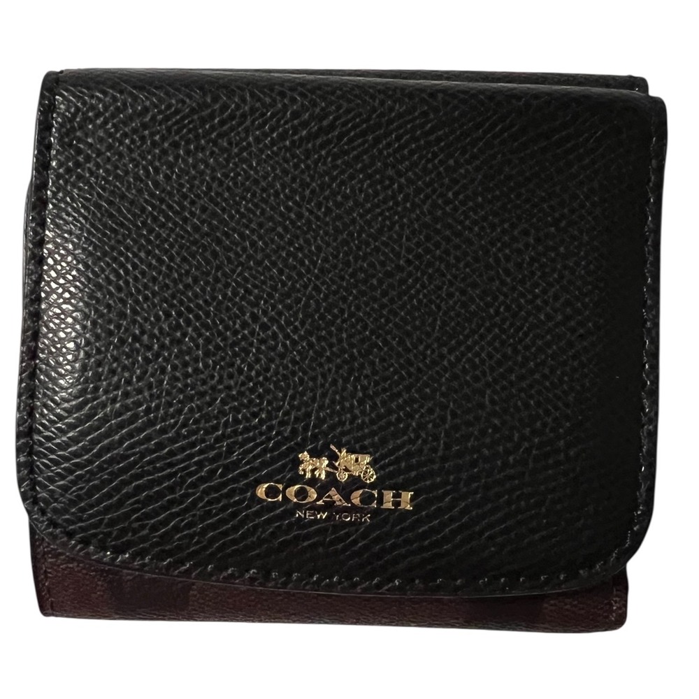 Coach Signature Canvas‎ & Leather Small Trifold Wallet Black/Brown